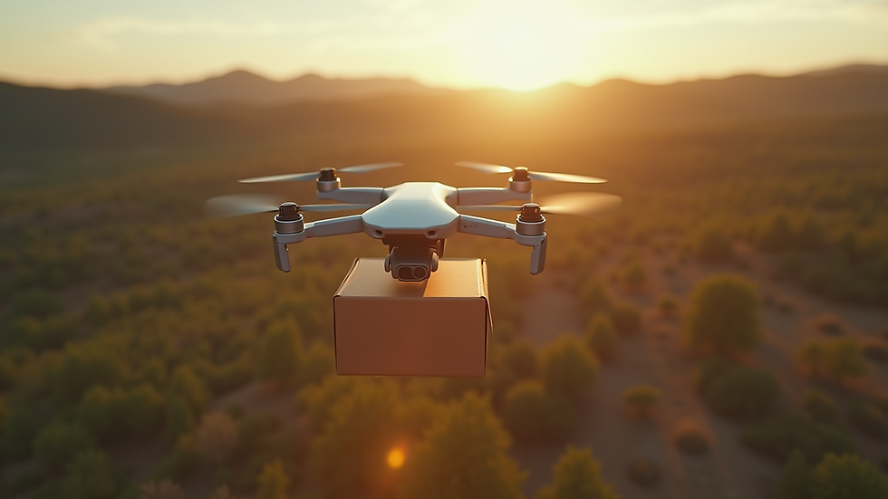 High angle view of a drone delivering a package over a landscape