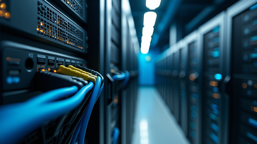 Eye-level view of a complex network of data cables and servers