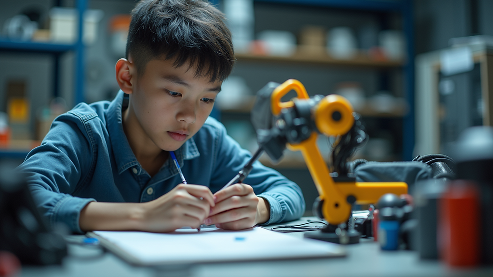 Eye-level view of a young adult working on a robotics project