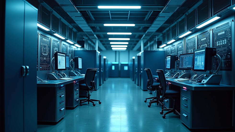 High angle view of a futuristic quantum computing lab