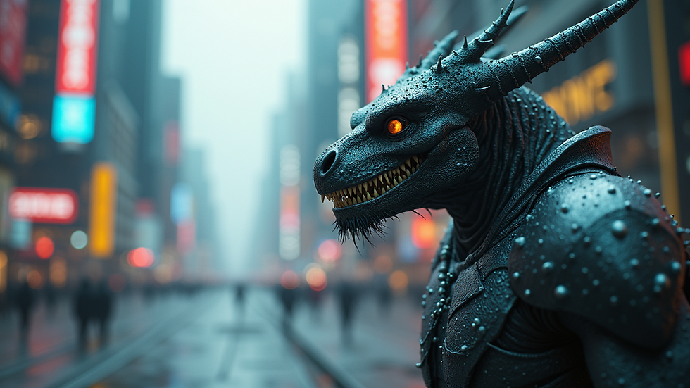 Close-up view of a digital artwork depicting a mythical creature in a futuristic city