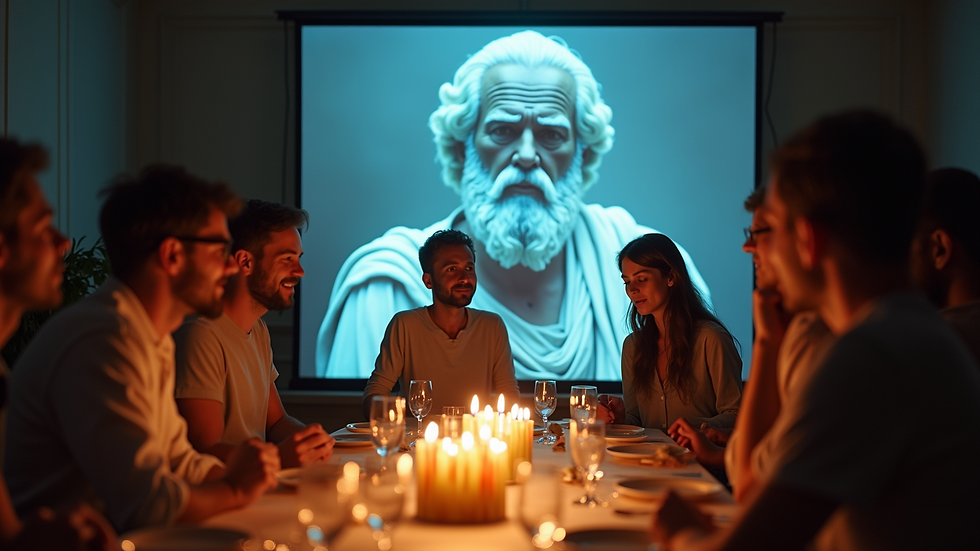 Eye-level view of a holographic display of Socrates during a birthday gathering