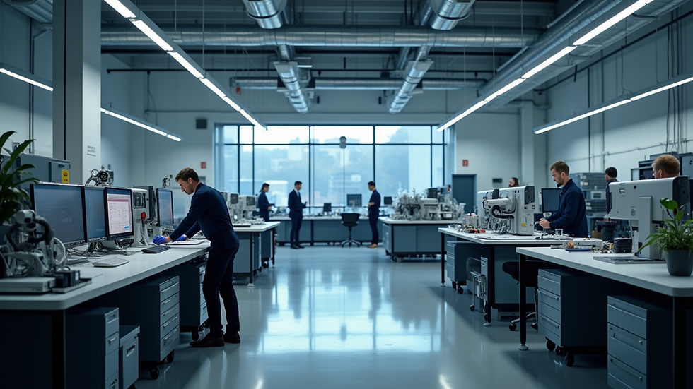 High angle view of a modern engineering lab filled with advanced technology