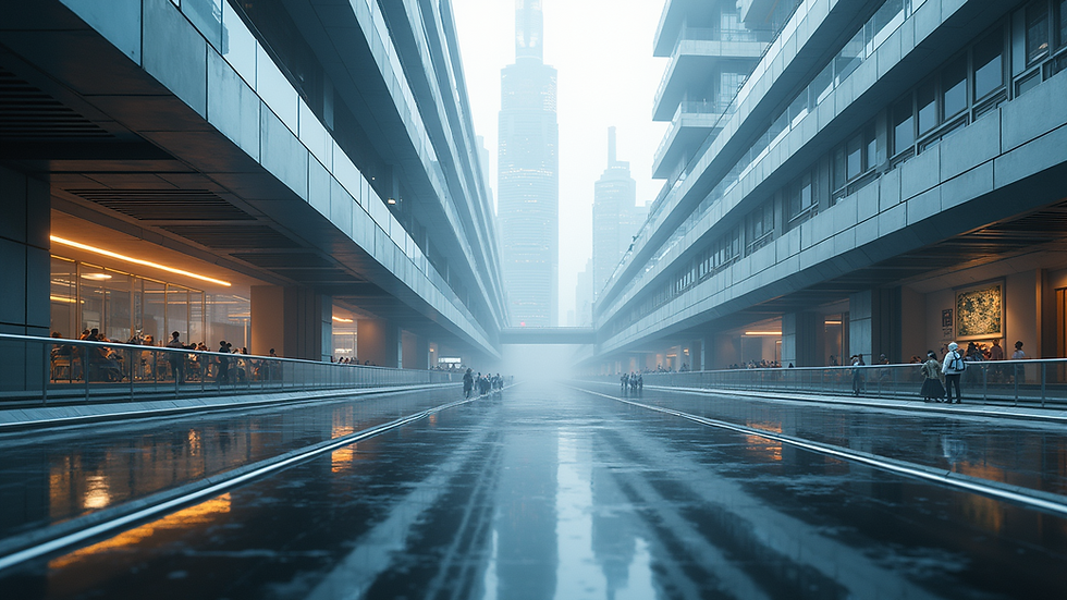 Eye-level view of a futuristic cityscape with advanced technology