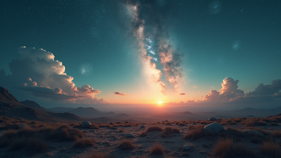 Wide angle view of a sprawling digital landscape with cosmic elements