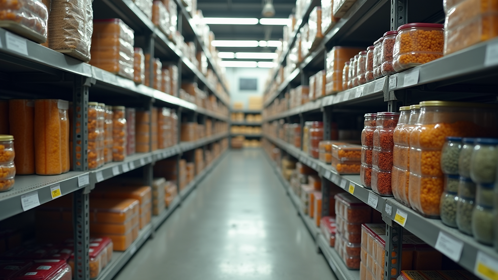 High angle view of a food distribution center with organized shelves