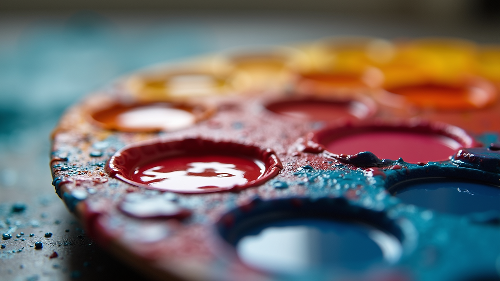 Close-up view of colorfully layered paint palette