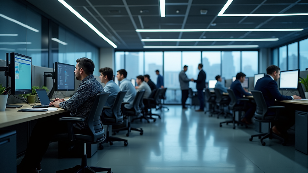 Eye-level view of a modern newsroom filled with journalists working