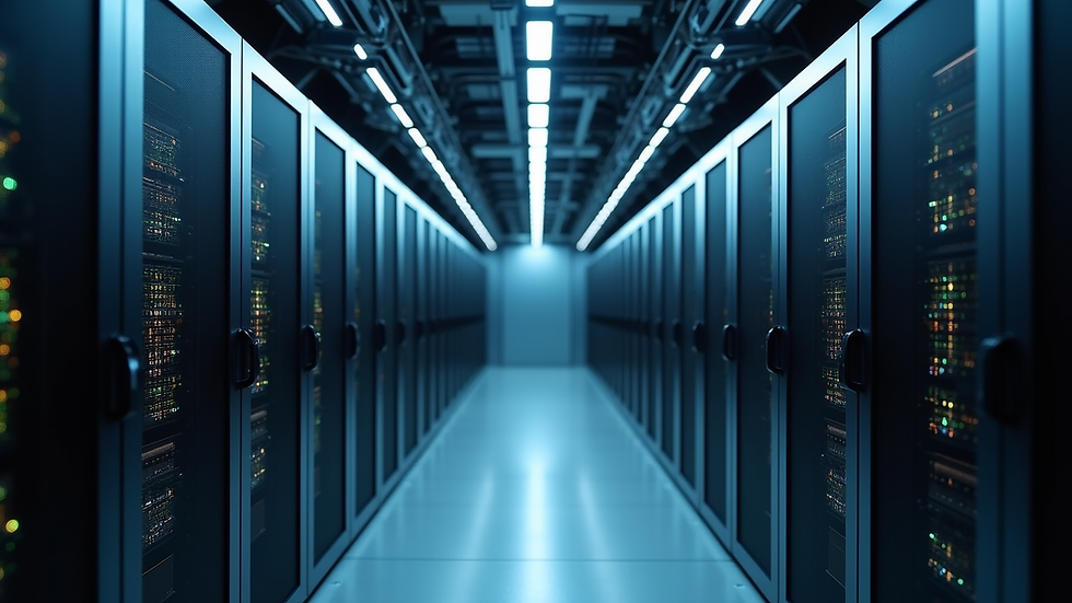 Wide angle view of a modern data center filled with servers