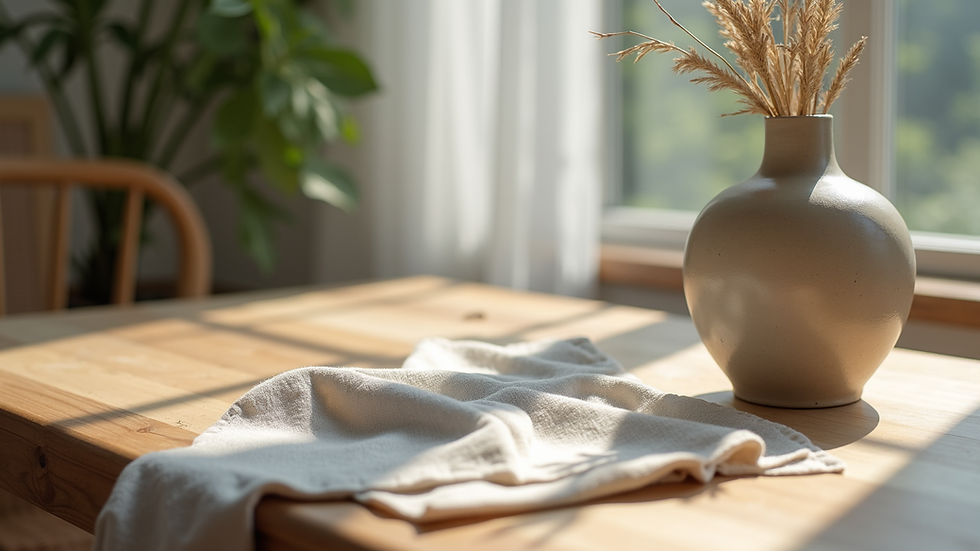 Close-up view of wooden table with ceramic vase and linen cloth