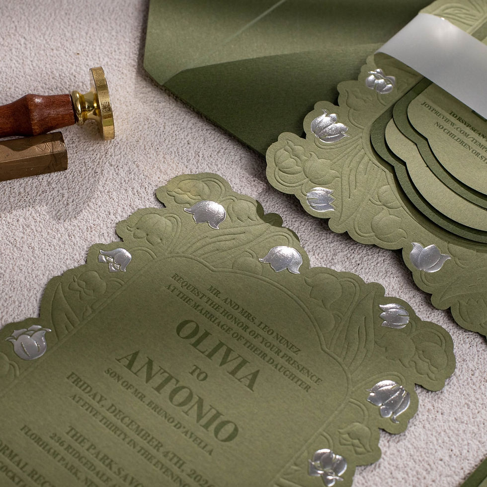 Thumbnail: Foil Sculpted Embossed Fancy Shaped Invitation with Lily of the Valley C