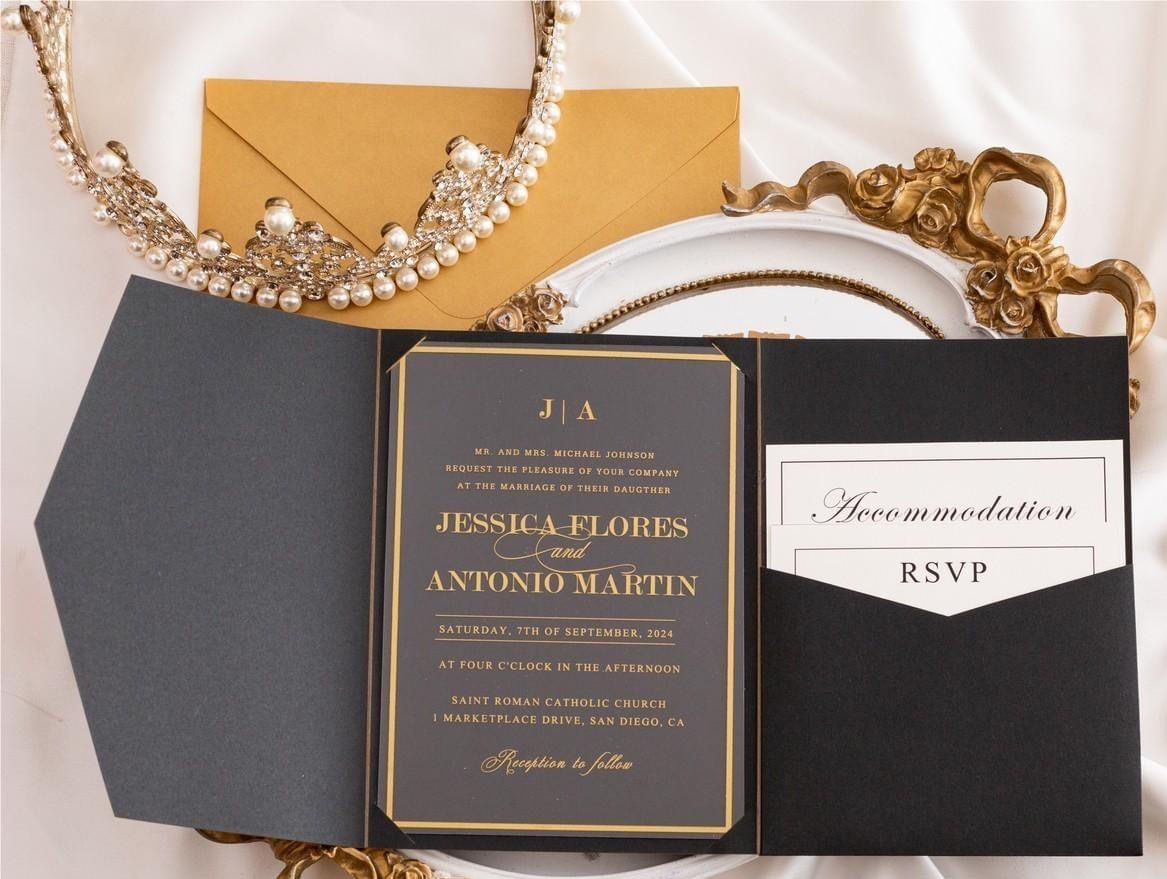 Classic Black Tri-fold Pocket Invitation with Four Slits WPFC2141