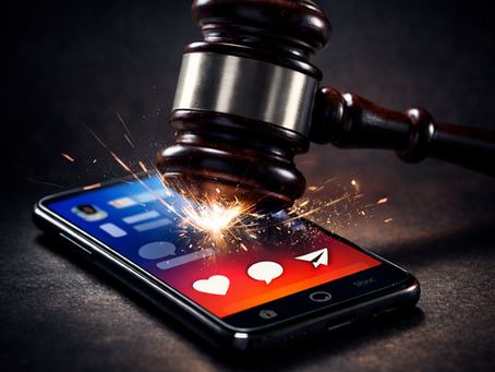 Martelo do juiz golpeando um celular com ícones de rede social, representando a regulação legal do conteúdo digital.