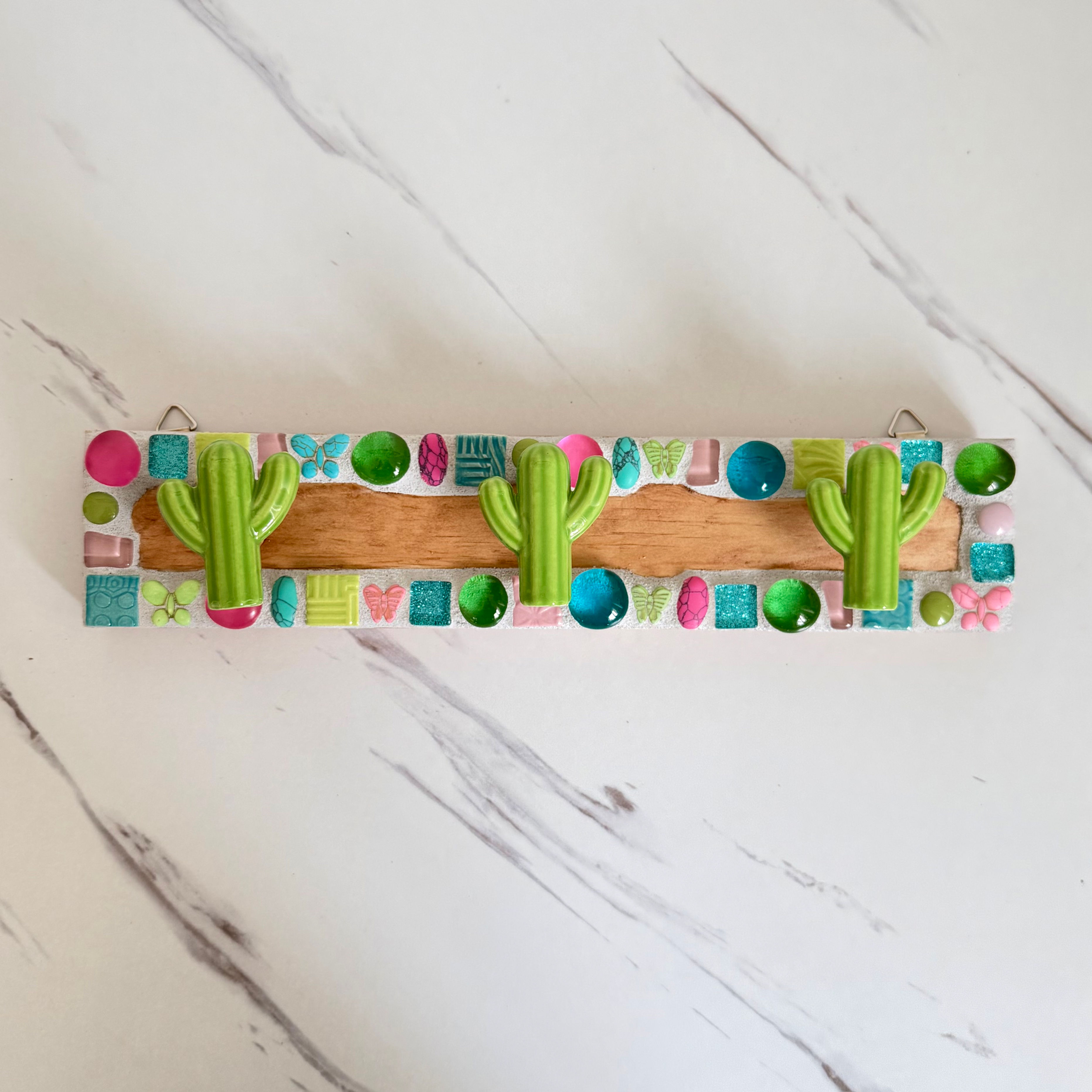 Pink and Turquoise Cactus Mosaic Jewelry Hanger