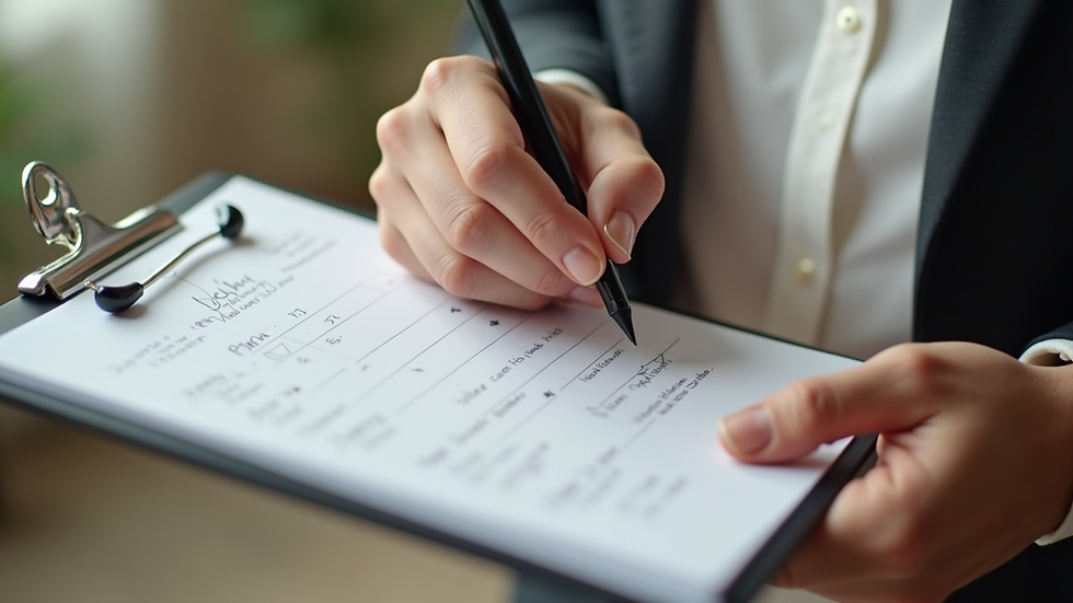 Close-up view of wedding planner’s hands organizing event details on a clipboard
