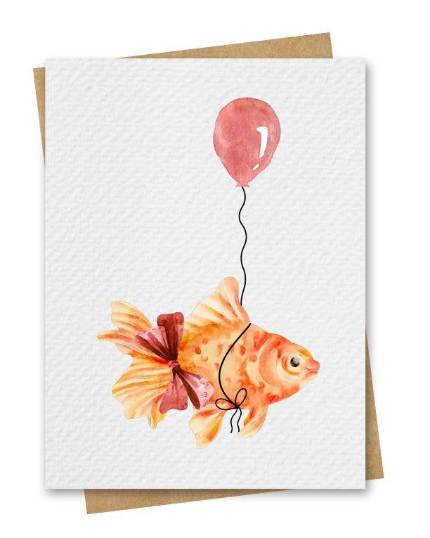 Watercolour Goldfish With Red Balloon Birthday Card