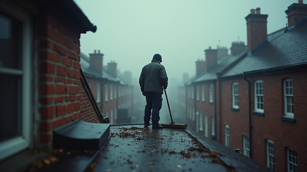 Eye-level view of a chimney sweep at work