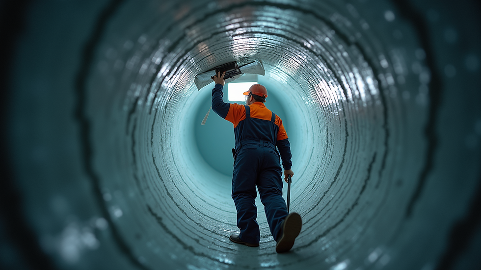 Eye-level view of HVAC technician cleaning air ducts