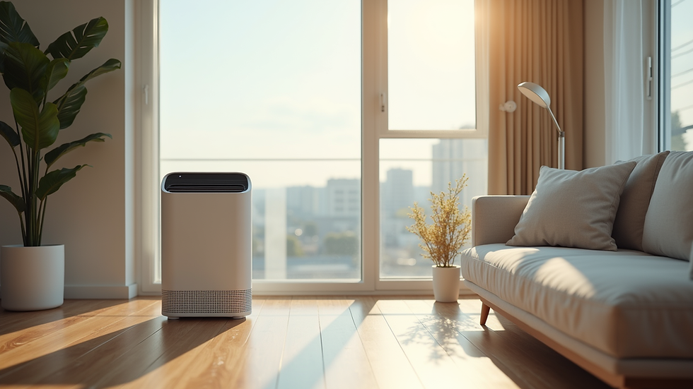Eye-level view of a modern living room with an air purifier near a window