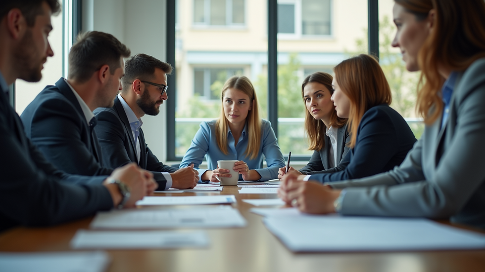 Eye-level view of a diverse group of professionals engaged in a brainstorming session