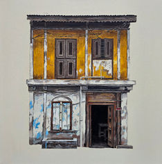 charudatt pande, indian artist, painting, yellow, pune artist, building, architecture, facade, acrylic, oil, painting
