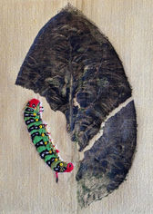 Kanan Koteshwar, Prakrut/Samakrut, Botanical Print, Eco Print, Embroidery, catterpillar, leaf, nature, blue, green, Natural, contemporary art, insect, VHC, Vida Heydari Contemporary, female artist, art in pune, indian artist