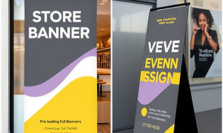A bold storefront banner and a freestand