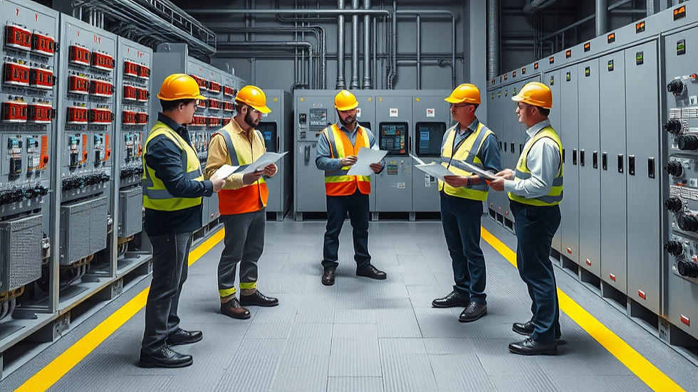 Engineers inspecting medium voltage switchgear before installation