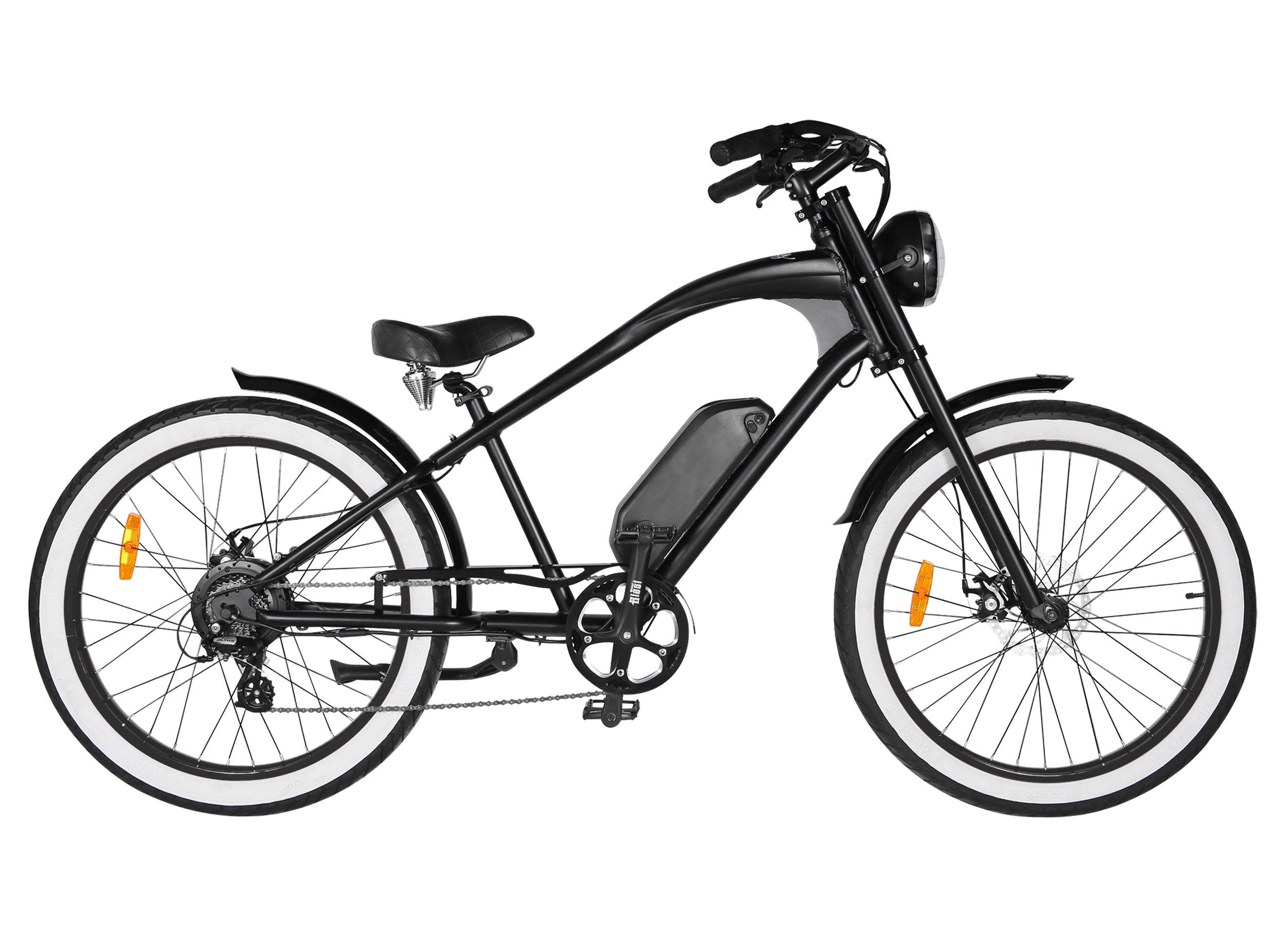 Vélo électrique Michael Blast Vacay de couleur noire, équipé de pneus noirs et blancs, de jantes noires, d'un cadre haut et d'une batterie amovible.