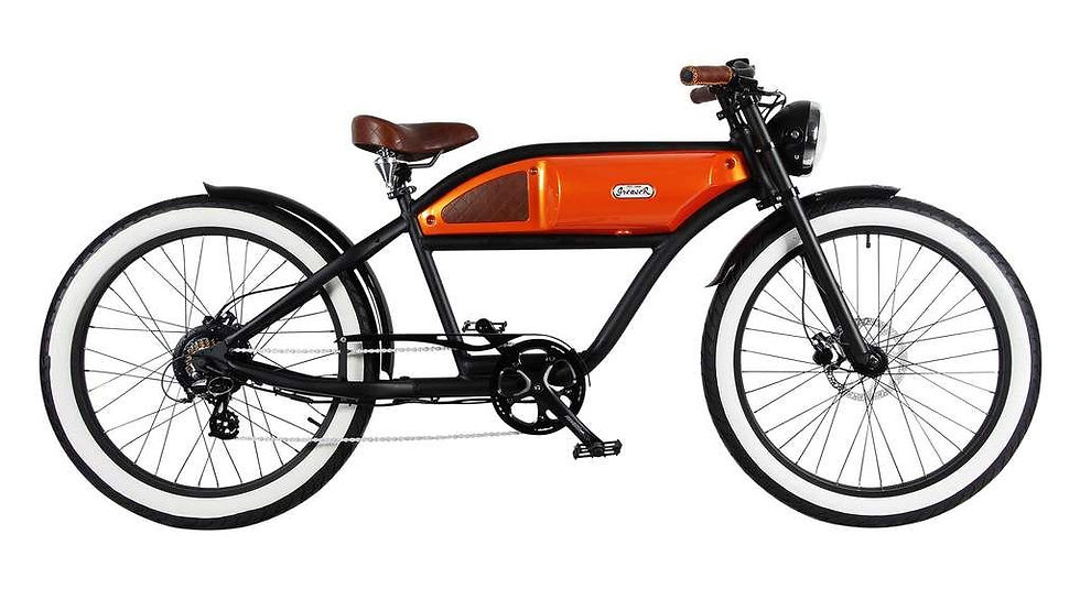 Miniaturbild: Vélo électrique modèle Greaser Michael Blast noir avec réservoir couleur orange pneus noir et blanc vintage