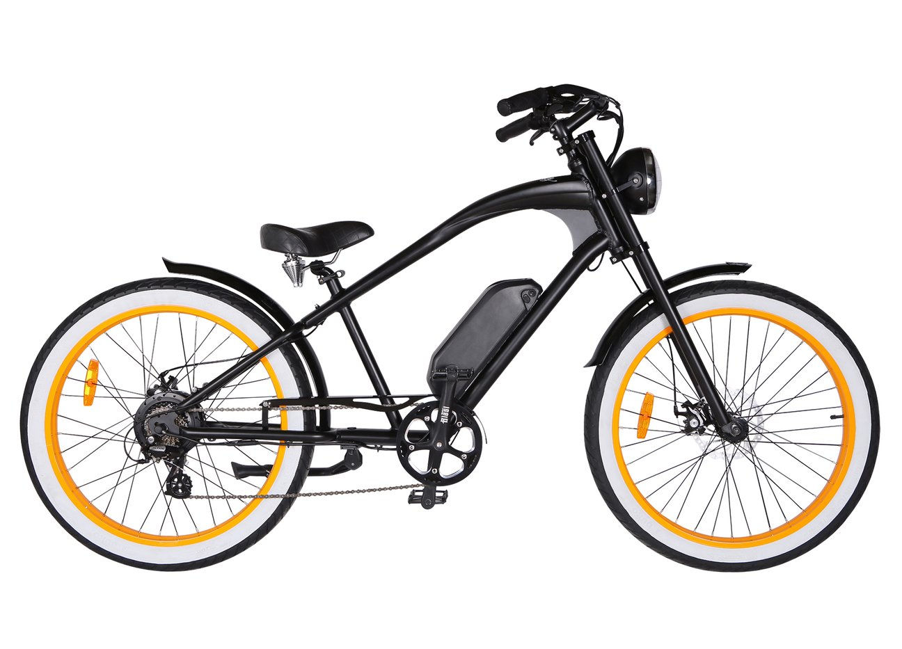 Vélo électrique Vacay Michael Blast noir  pneus noir et blanc jantes orange avec cadre haut batterie amovible 