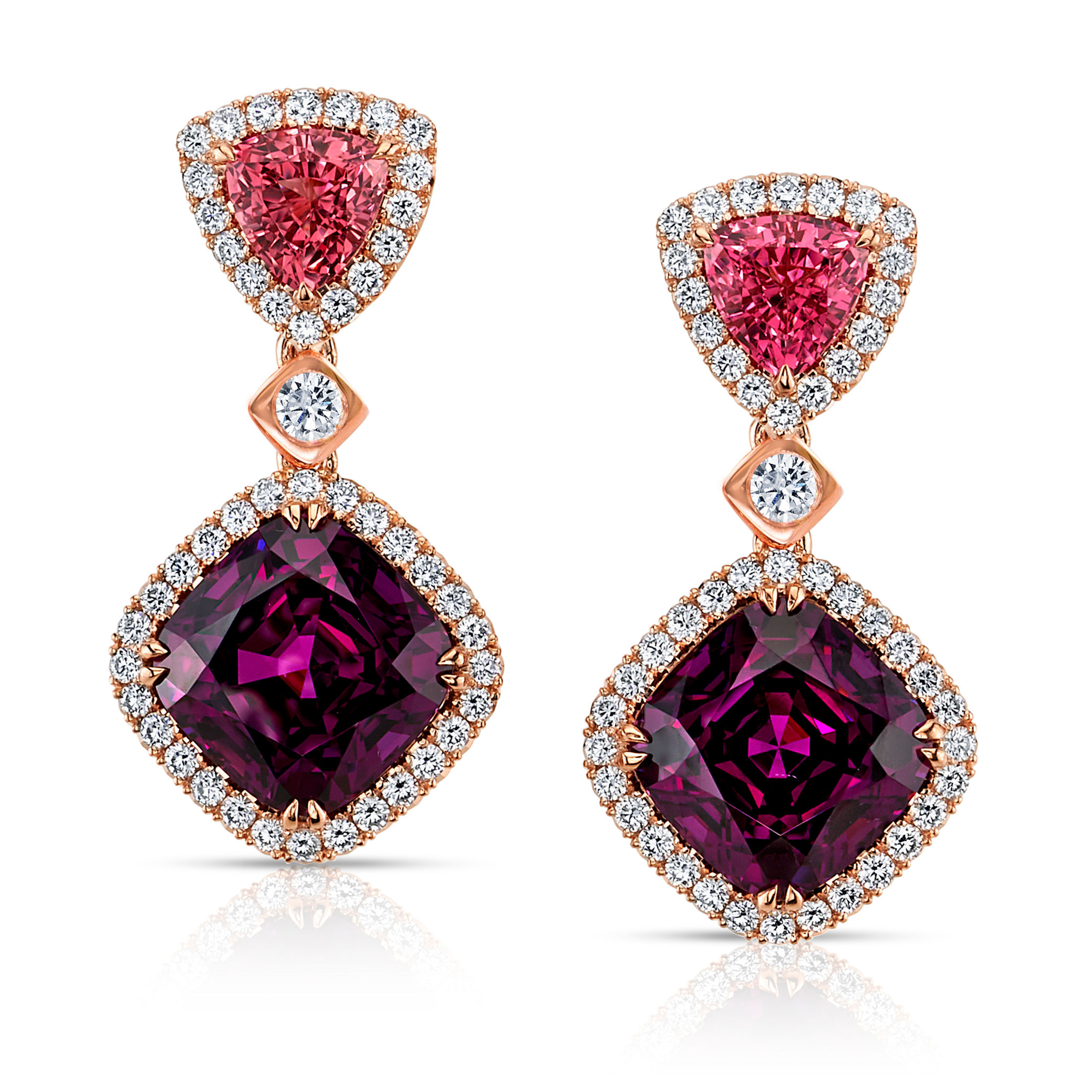 Purple Garnet, Pink Spinel & Diamond Earrings