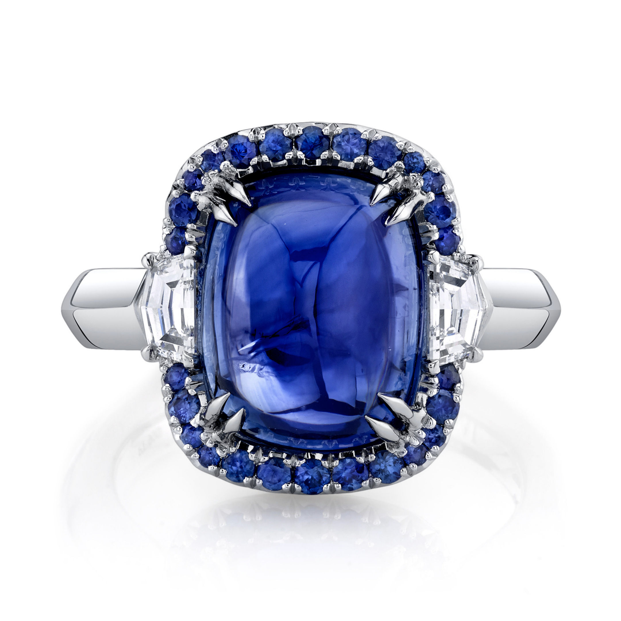Blue Sapphire Cabochon & Diamond Ring
