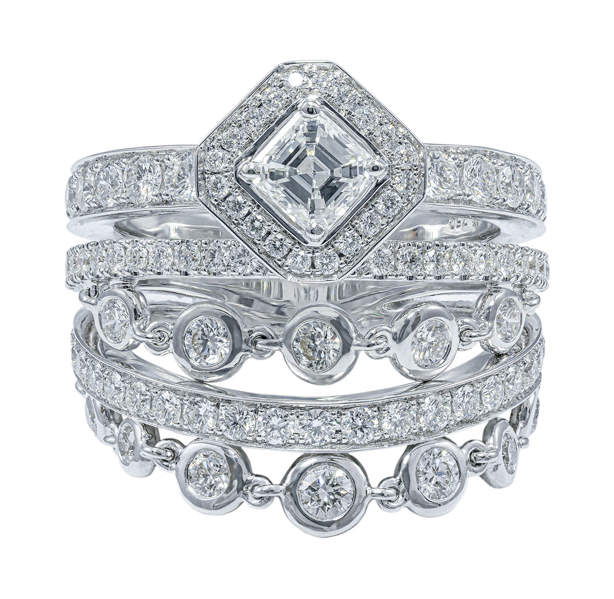 5-Row Diamond Ring with Chain Dangles & Asscher-cut Center