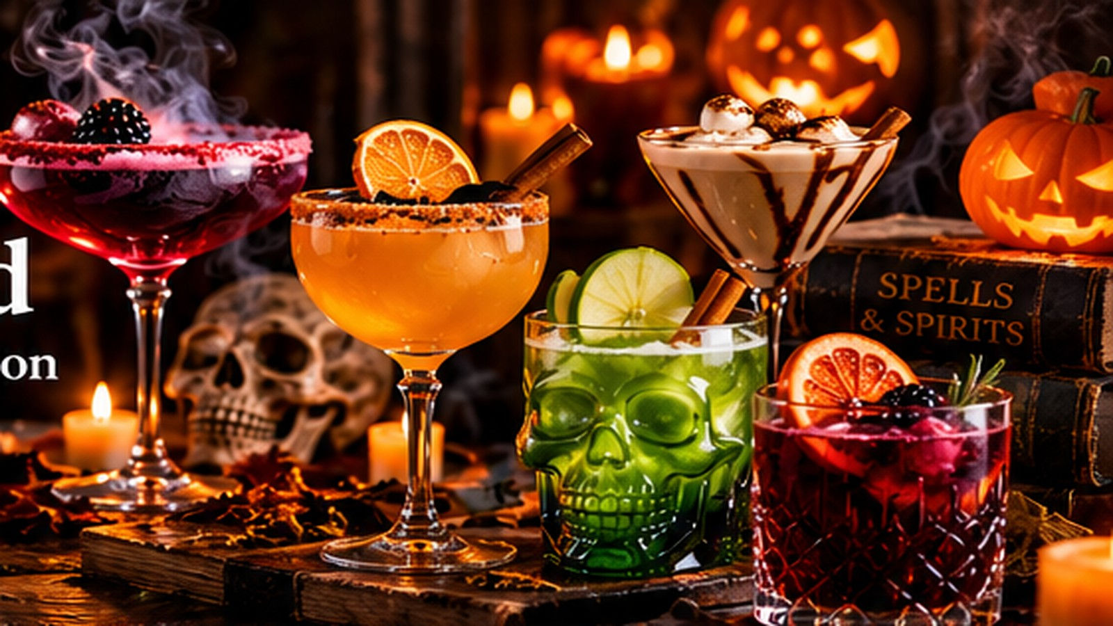 Original Whisky Clan Halloween artwork showing colourful spooky cocktail serves with autumn decorations.