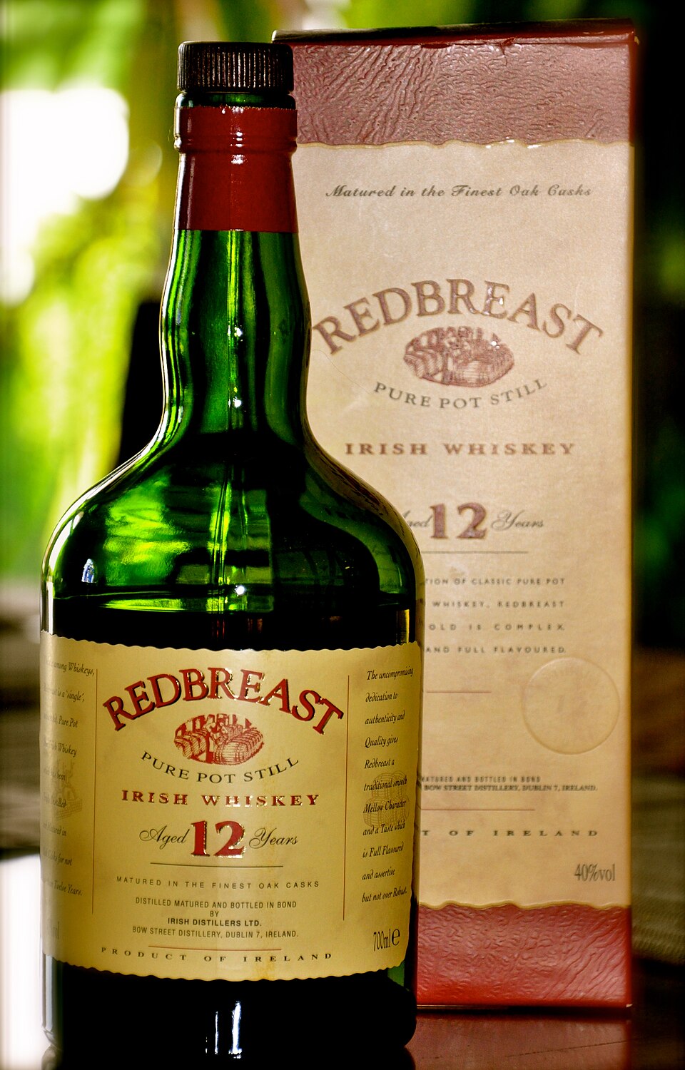 Redbreast 12 Year Old whiskey bottle and presentation box, photographed on 4 June 2011