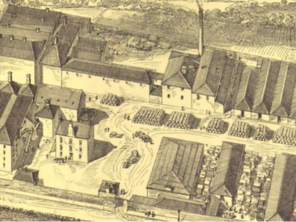 Historical illustration identified as Canonmills Distillery by Edinburgh Whisky Academy, showing industrial buildings and cask yards