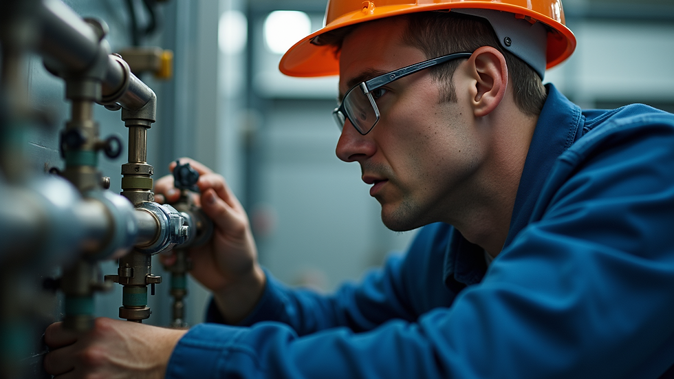 Close-up view of a technician inspecting boiler pipes and connections