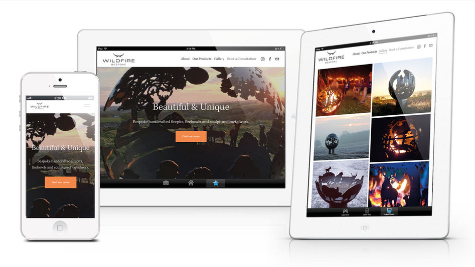 Image of responsive website for Wildfire Bespoke, featuring phone, tablet and laptop designed by Just honest