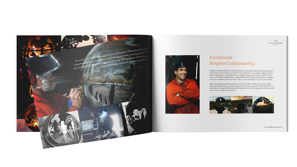 Open brochure spread for Wildfire Bespoke featuring beautiful photography of the prestigious product and designer