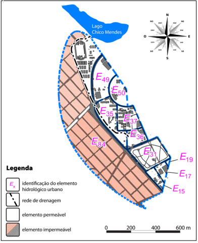 Figura 1 - Discretização da área em estudo em elementos hidrológicos urbanos.