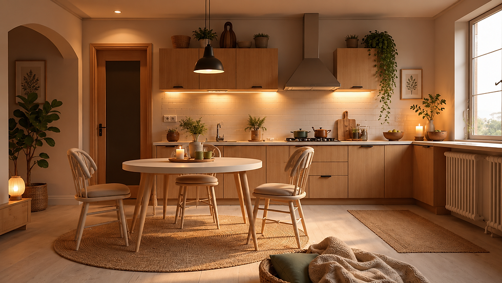 Cozinha aconchegante com decoração em tons de madeira e plantas. Mesa redonda com velas acesas. Luz ambiente suave e janelas grandes.