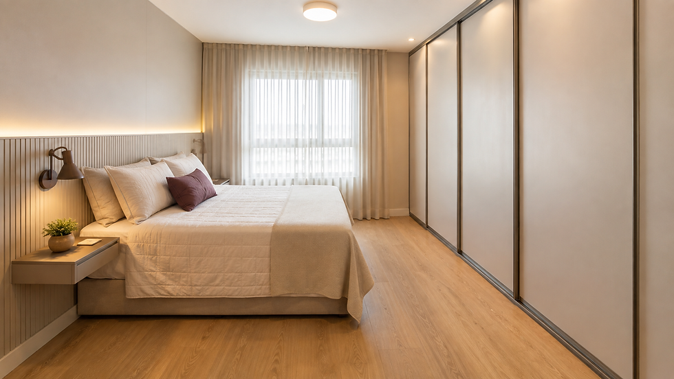 Quarto moderno e claro com cama de casal, mesa de cabeceira, cortinas brancas e armários embutidos.