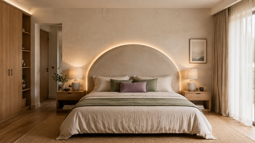 Quarto elegante e acolhedor com cama central, luz suave, mesas de cabeceira, cortinas claras e tons bege e verde.