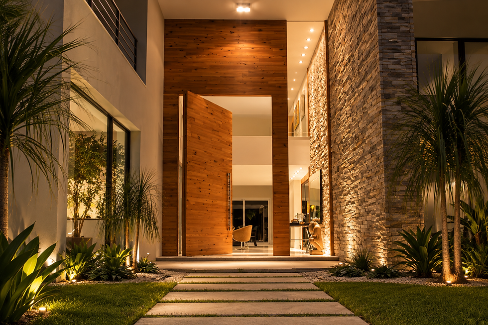 Entrada de casa moderna à noite, com porta de madeira aberta, jardim iluminado e parede de pedra.