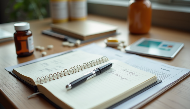 Eye-level view of a wellness journal with notes, supplements, and a DNA test report