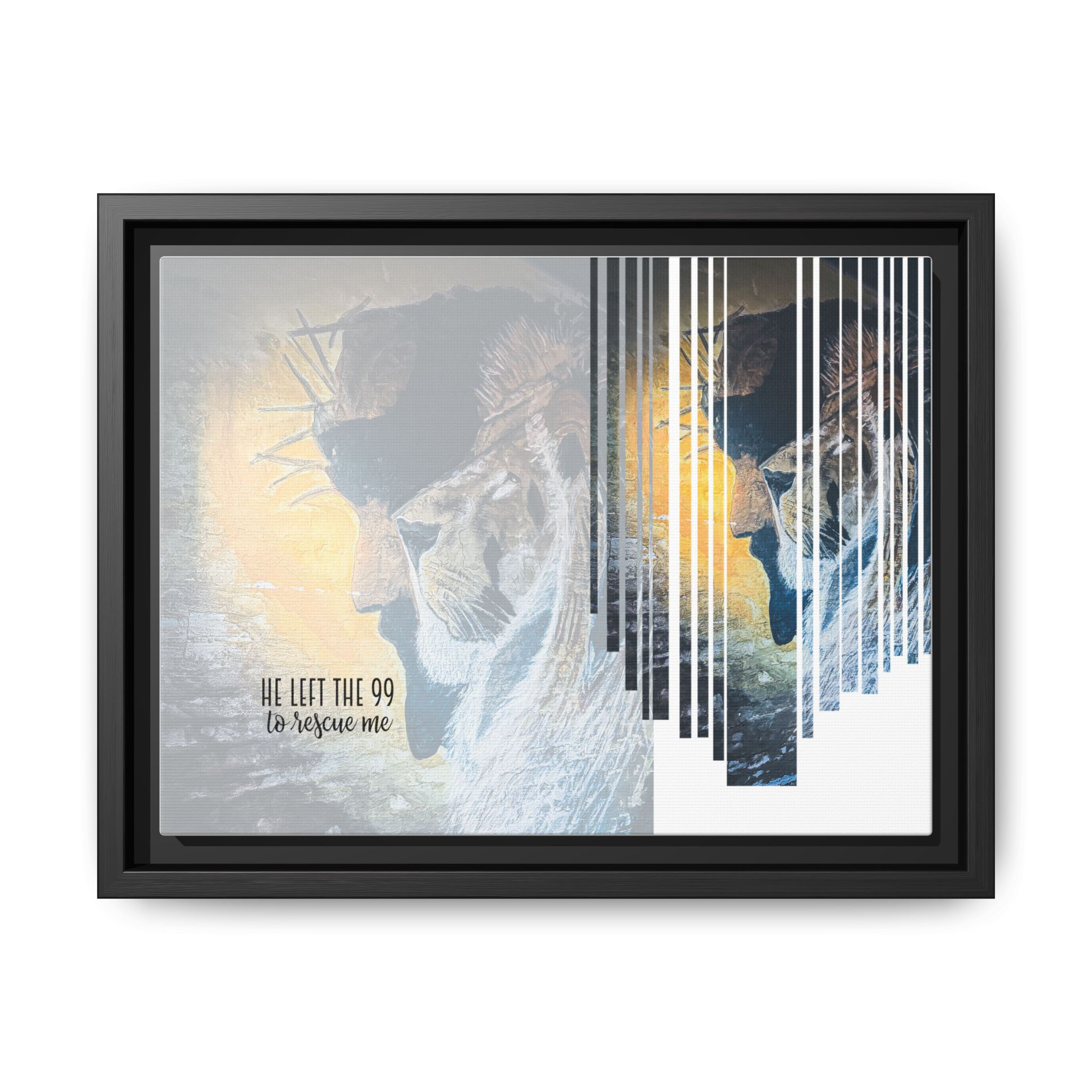 Framed Canvas Wall Art — 'He Left the 99 to Rescue Me' Christian Lion Design