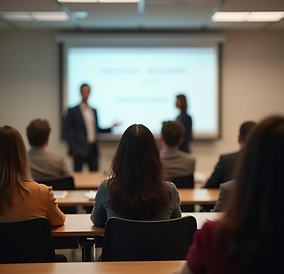 environmental shot wellness classroom setting professional presenter attentive audience na