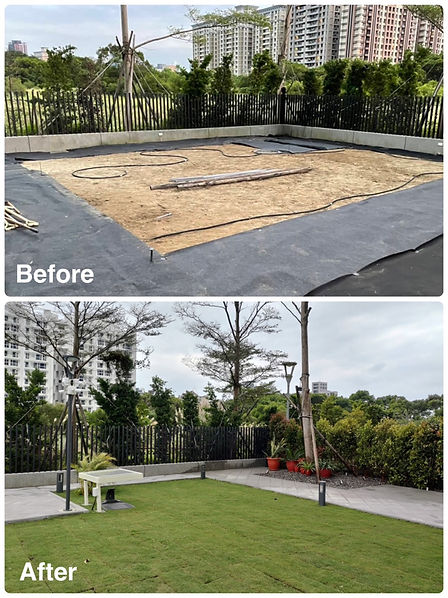 淡水宏盛水悅庭院景觀設計，結合草皮、木地板與遮陽棚，打造具備多層次使用機能的都市綠意空間｜院子園藝作品"