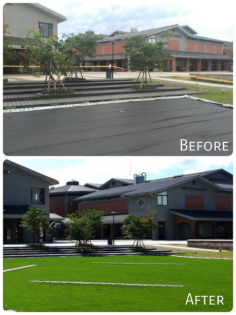 宜蘭傳藝中心戶外景觀設計，大面積人工草皮鋪設，搭配開放空間供親子活動使用｜院子園藝作品"